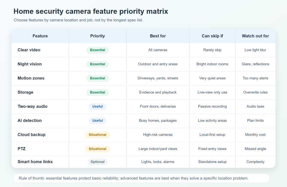 Home Security Cameras: Benefits, Features, and Placement Tips 4 home security camera features matrix showing essential and non essential features 951w621h